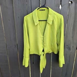 Zara Lime Green Tie-Front Button Blouse 100% Lyocel